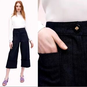 Kate Spade Cuffed Denim Pant jeans wide leg cropped high waist Dark Peacock 0